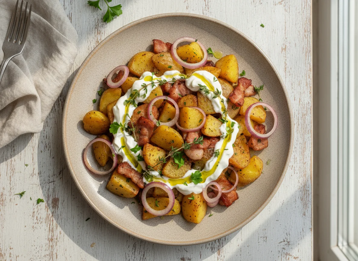 Жареный картофель с беконом, красным луком и соусом photo