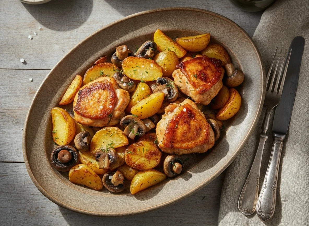 Жареный картофель с грибами и курицей photo