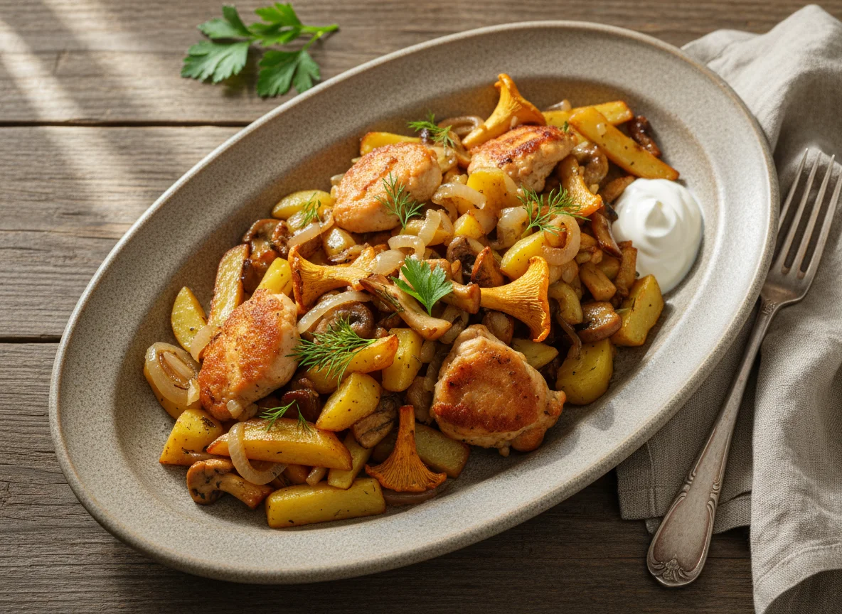 Жареный картофель с грибами и мясом photo