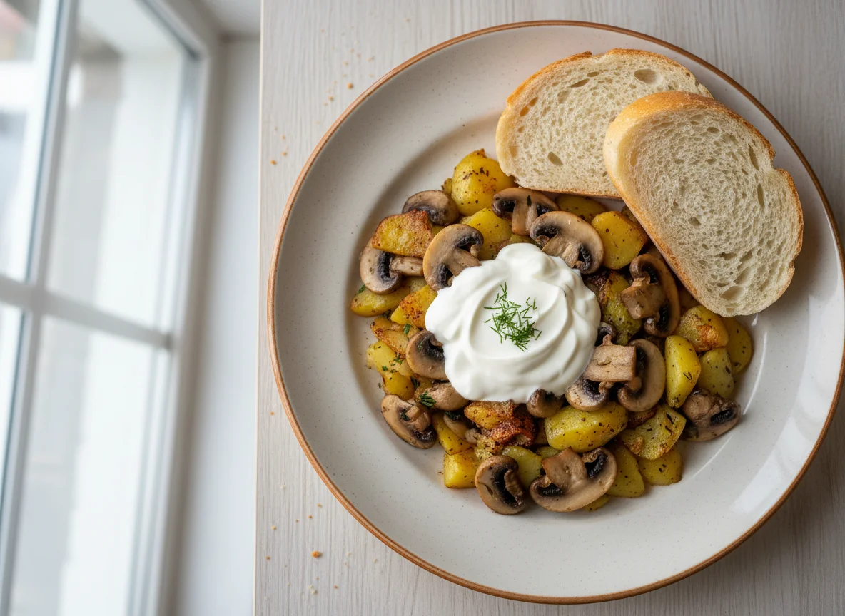 Жареный картофель с грибами и сметаной, с хлебом photo