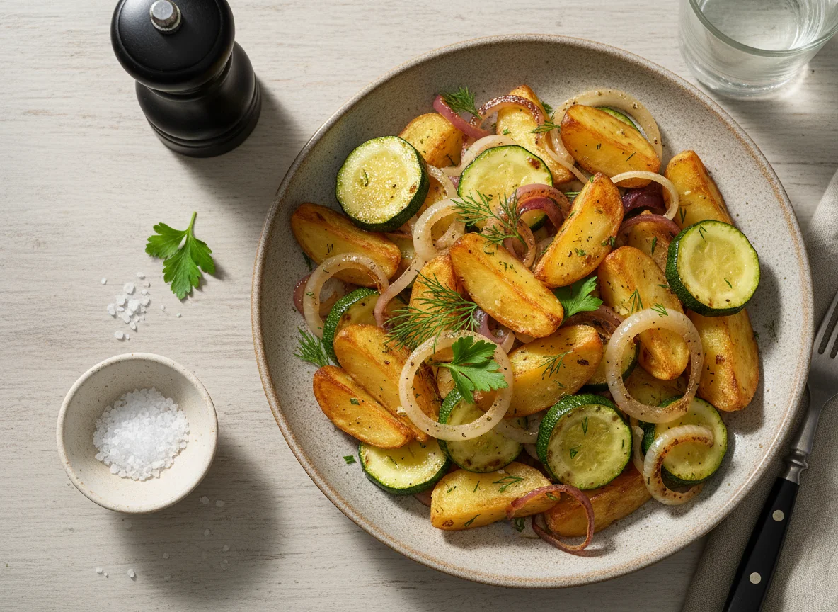 Жареный картофель с кабачками и луком photo