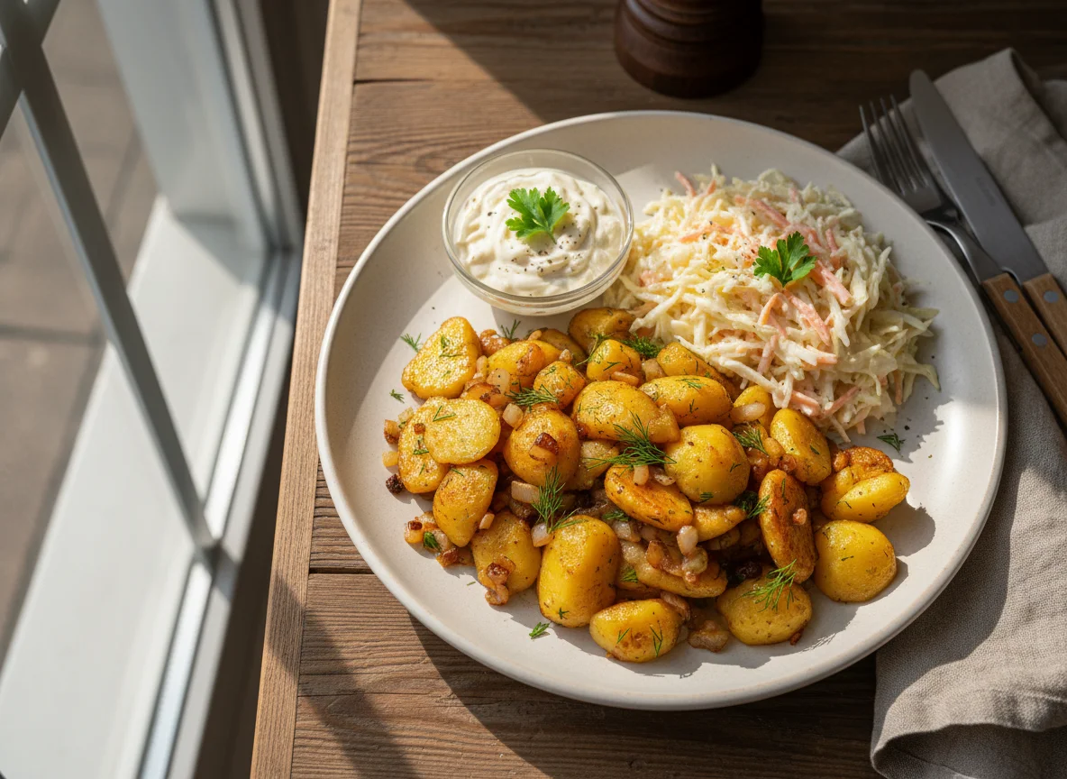 Жареный картофель с капустным салатом photo