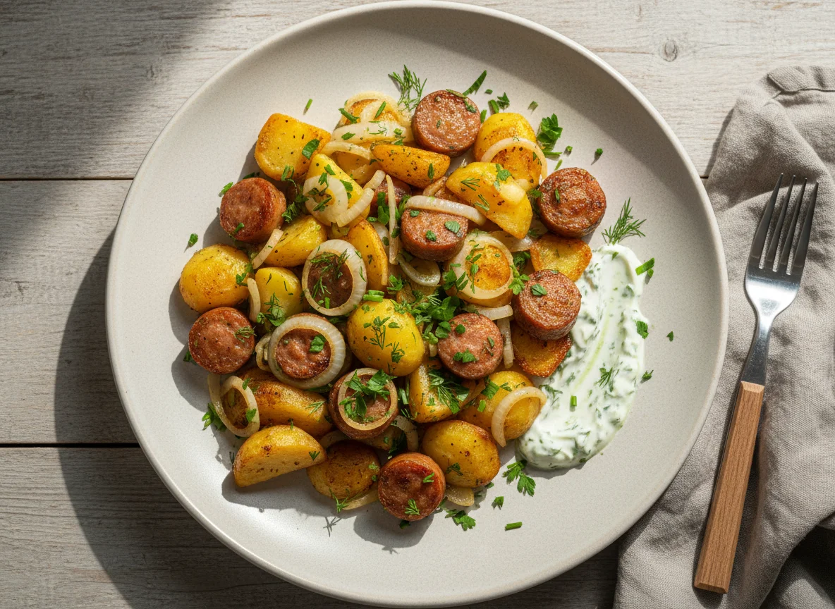 Жареный картофель с колбасками и соусом photo