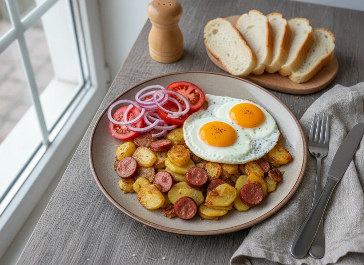 Жареный картофель с колбасой и яйцом, салат из лука и помидоров, хлеб photo