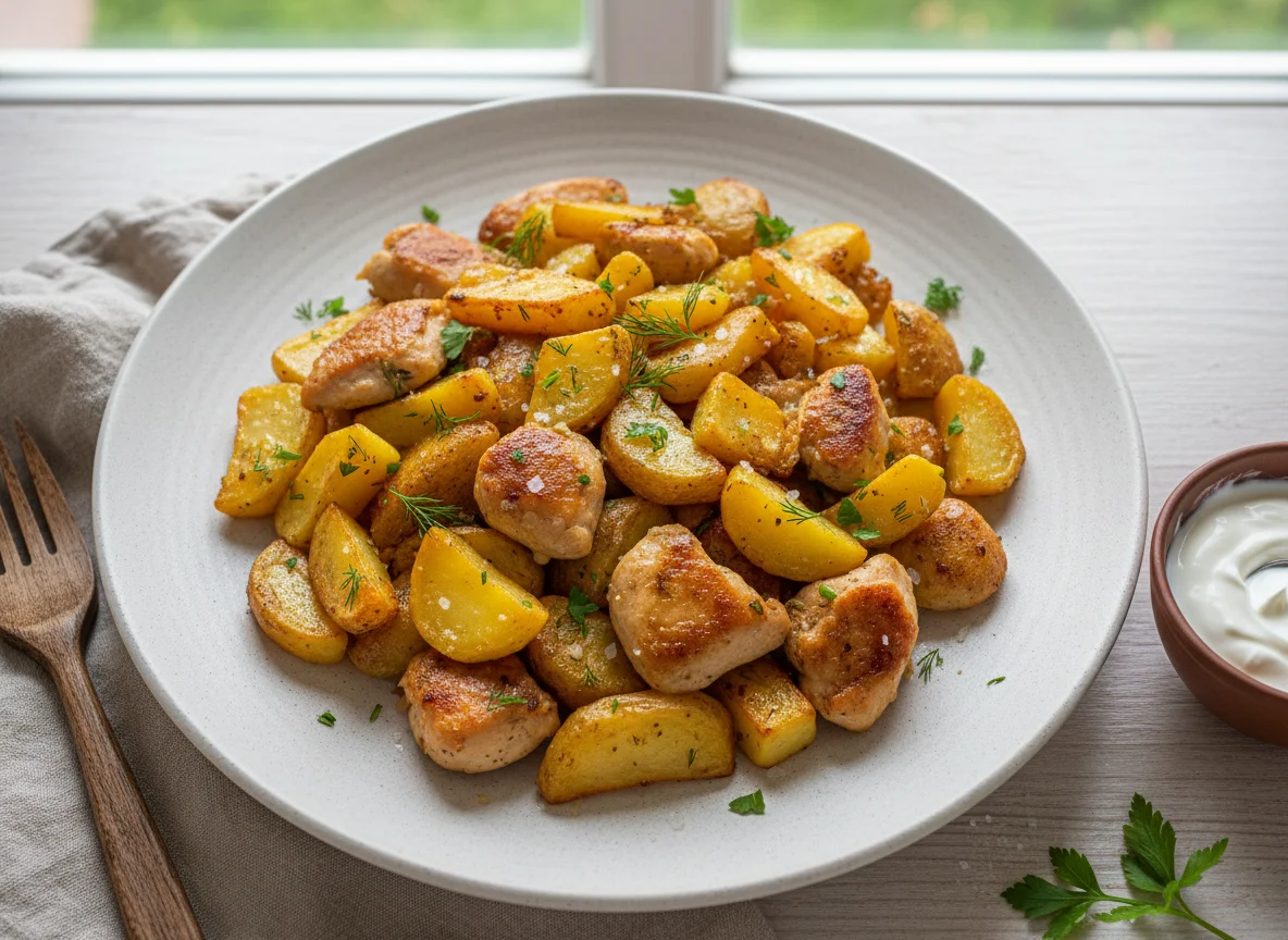 Жареный картофель с курицей photo