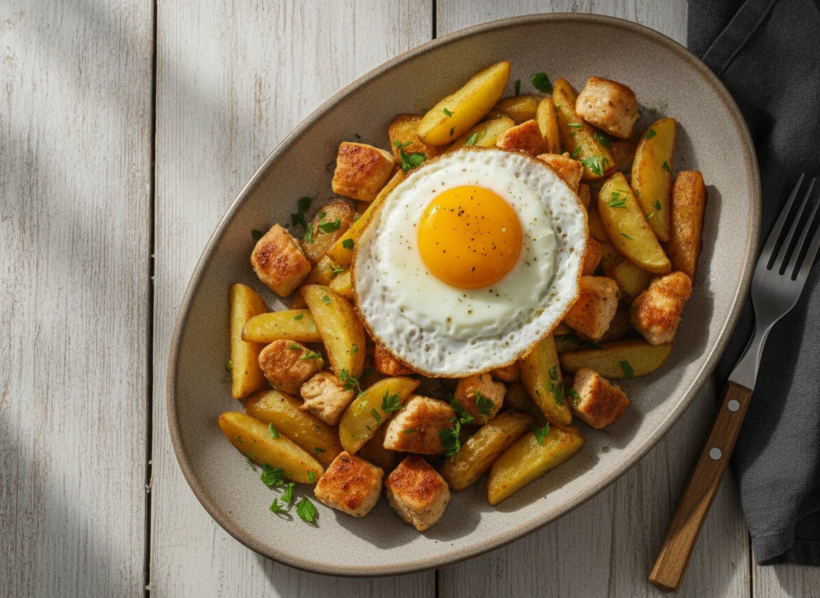 Жареный картофель с курицей и яичницей photo