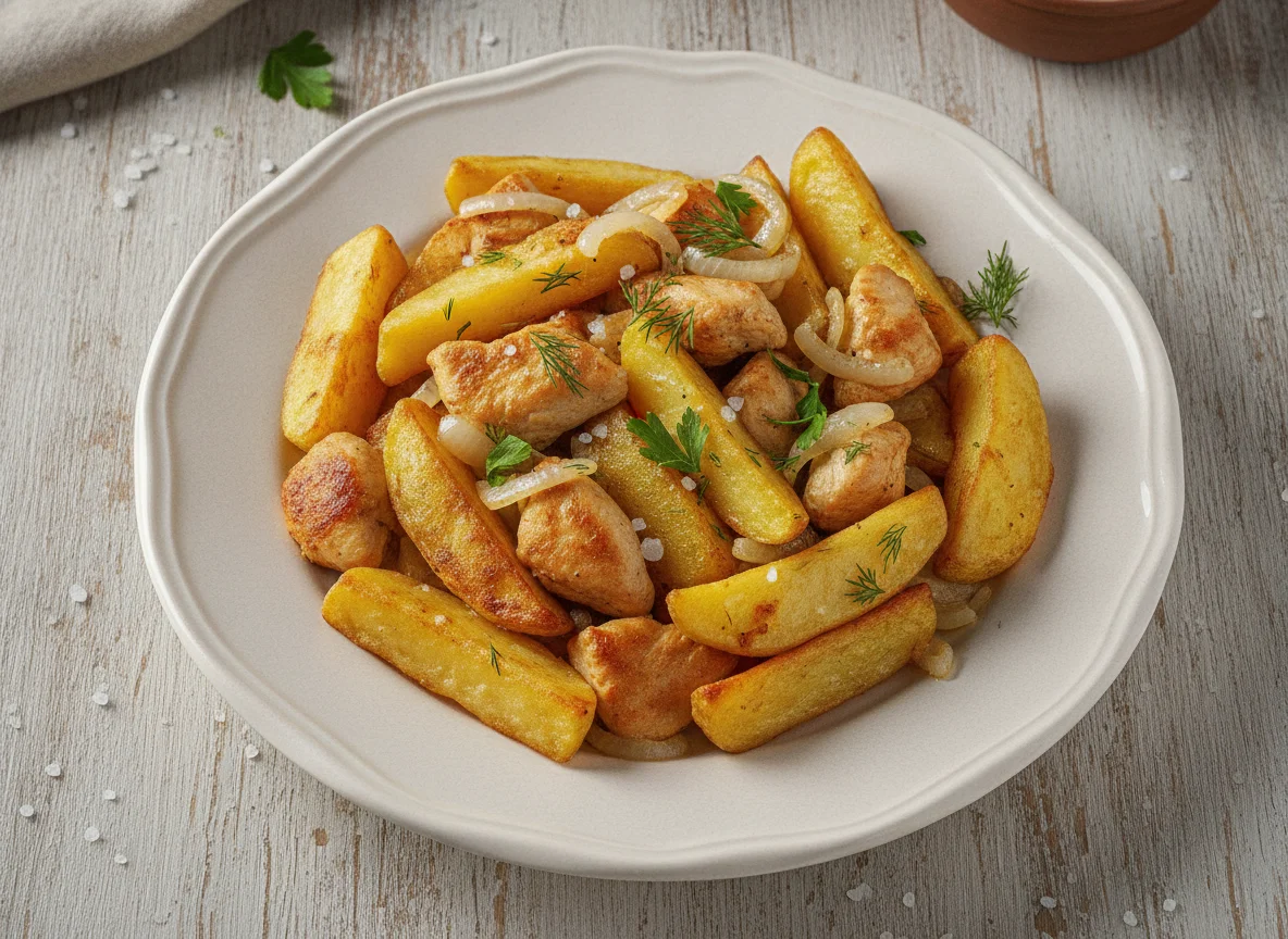 Жареный картофель с курицей и луком photo