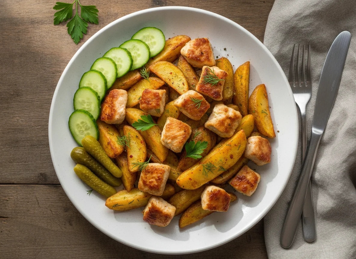 Жареный картофель с курицей и огурцами photo