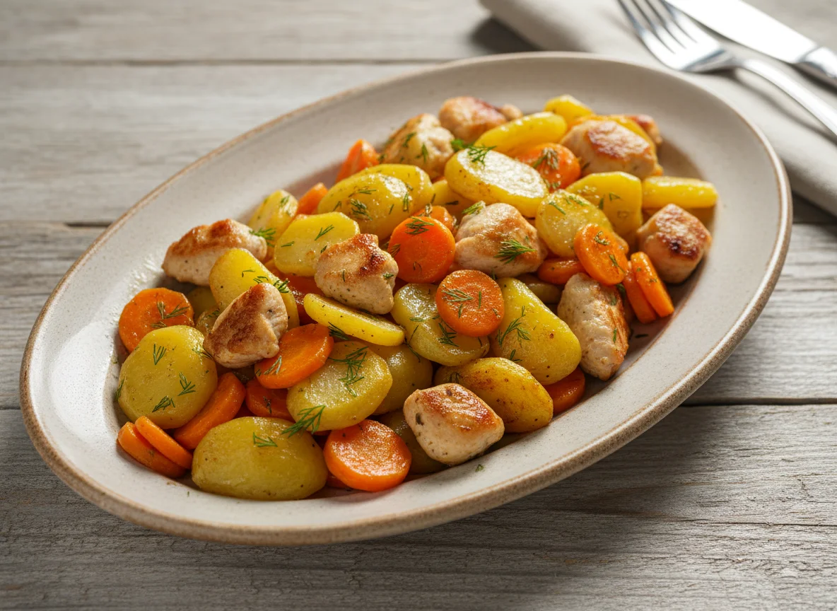 Жареный картофель с курицей и овощами photo