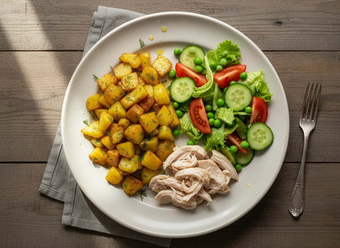 Жареный картофель с курицей и овощным салатом photo