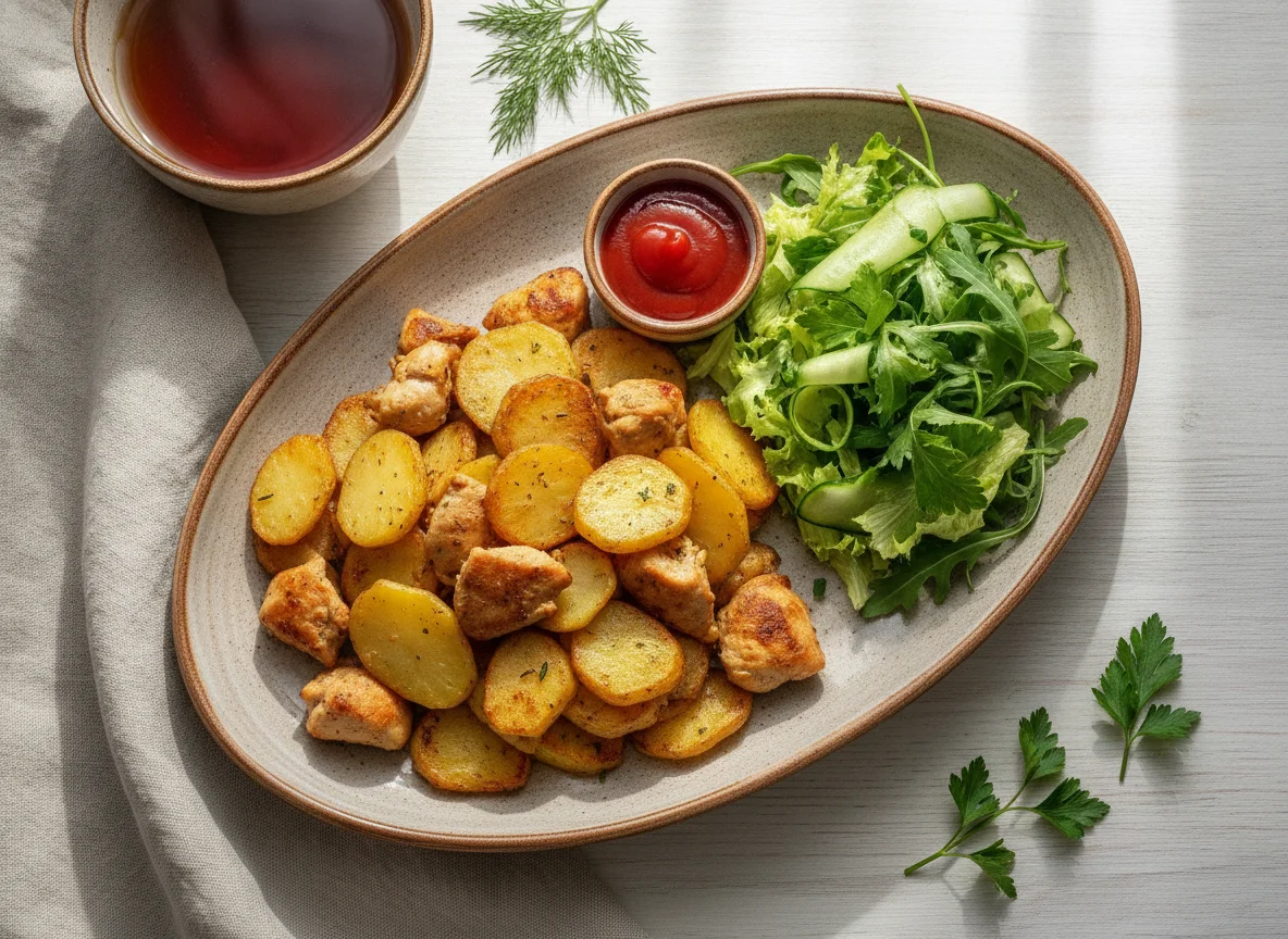 Жареный картофель с курицей и свежими овощами photo