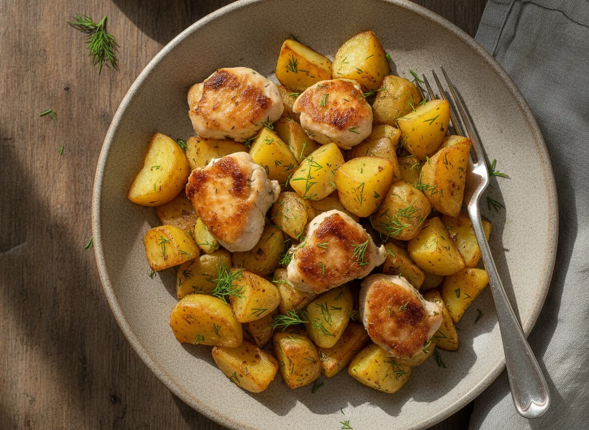 Жареный картофель с курицей и укропом photo