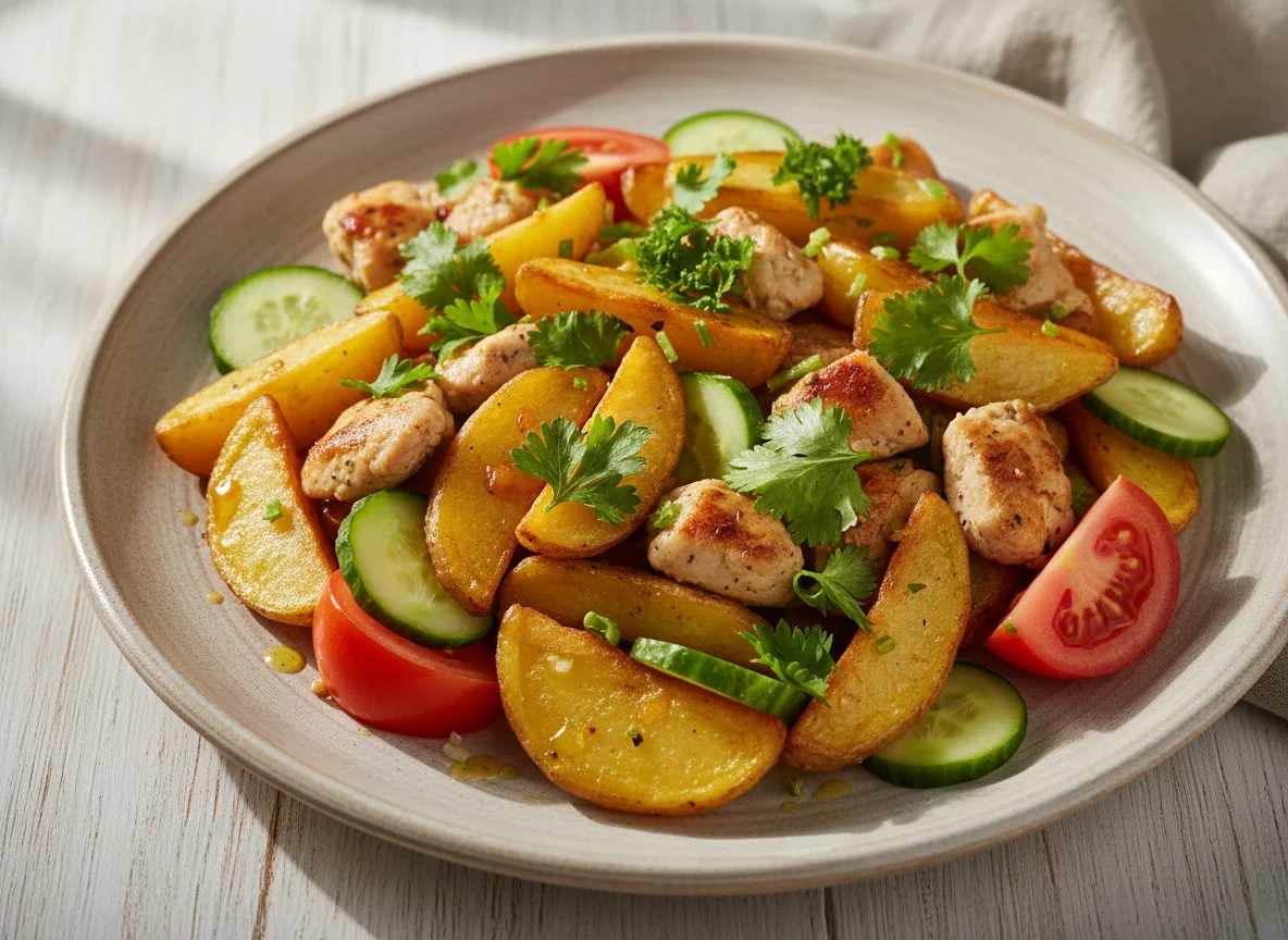 Жареный картофель с курицей, овощами и зеленью photo