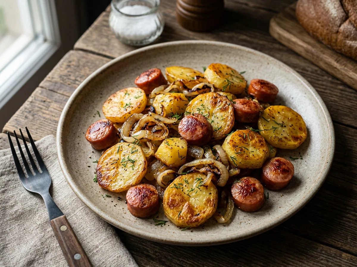 Жареный картофель с луком и сосисками photo