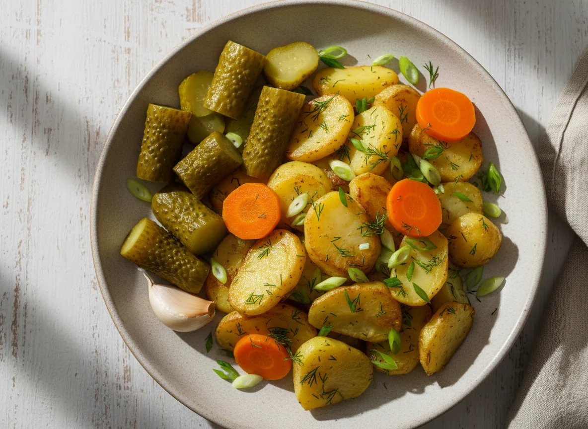 Жареный картофель с маринованными огурцами photo