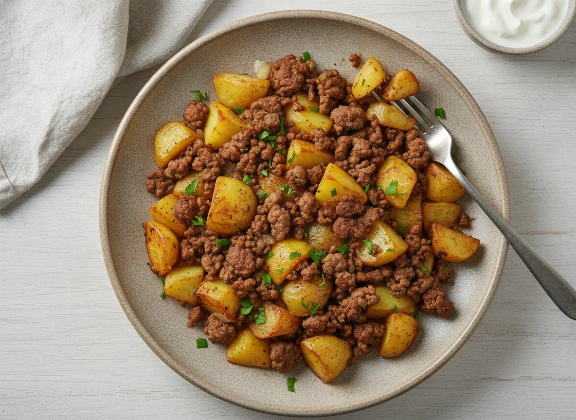 Жареный картофель с мясным фаршем photo