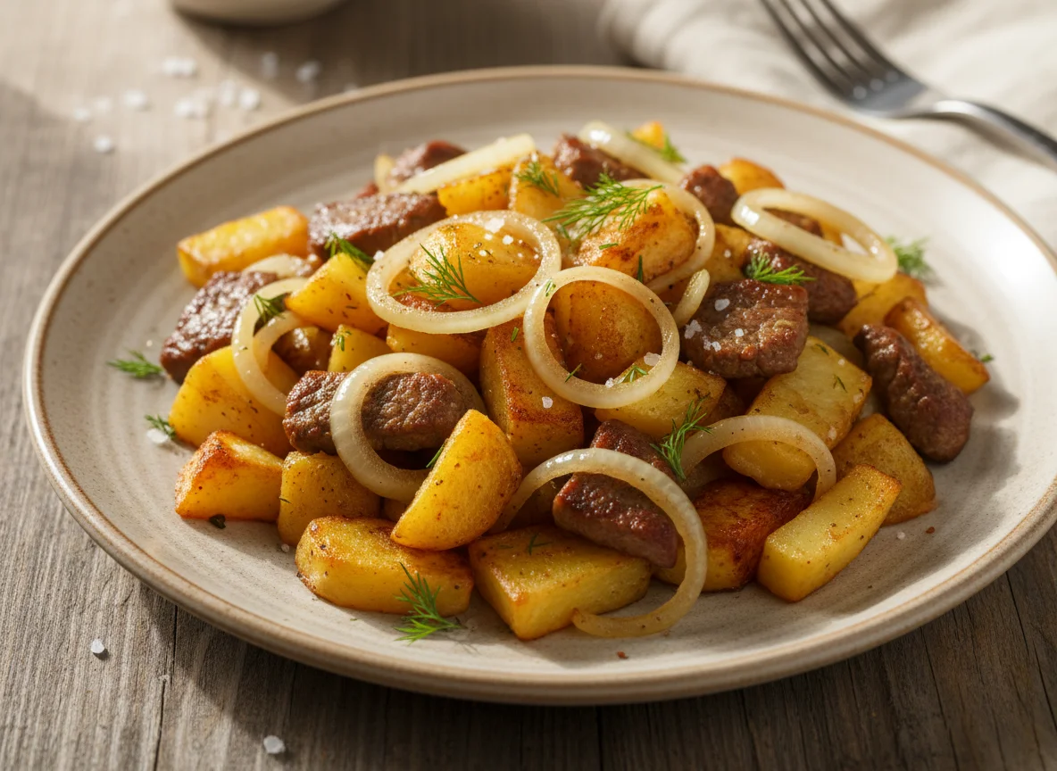 Жареный картофель с мясом и луком photo