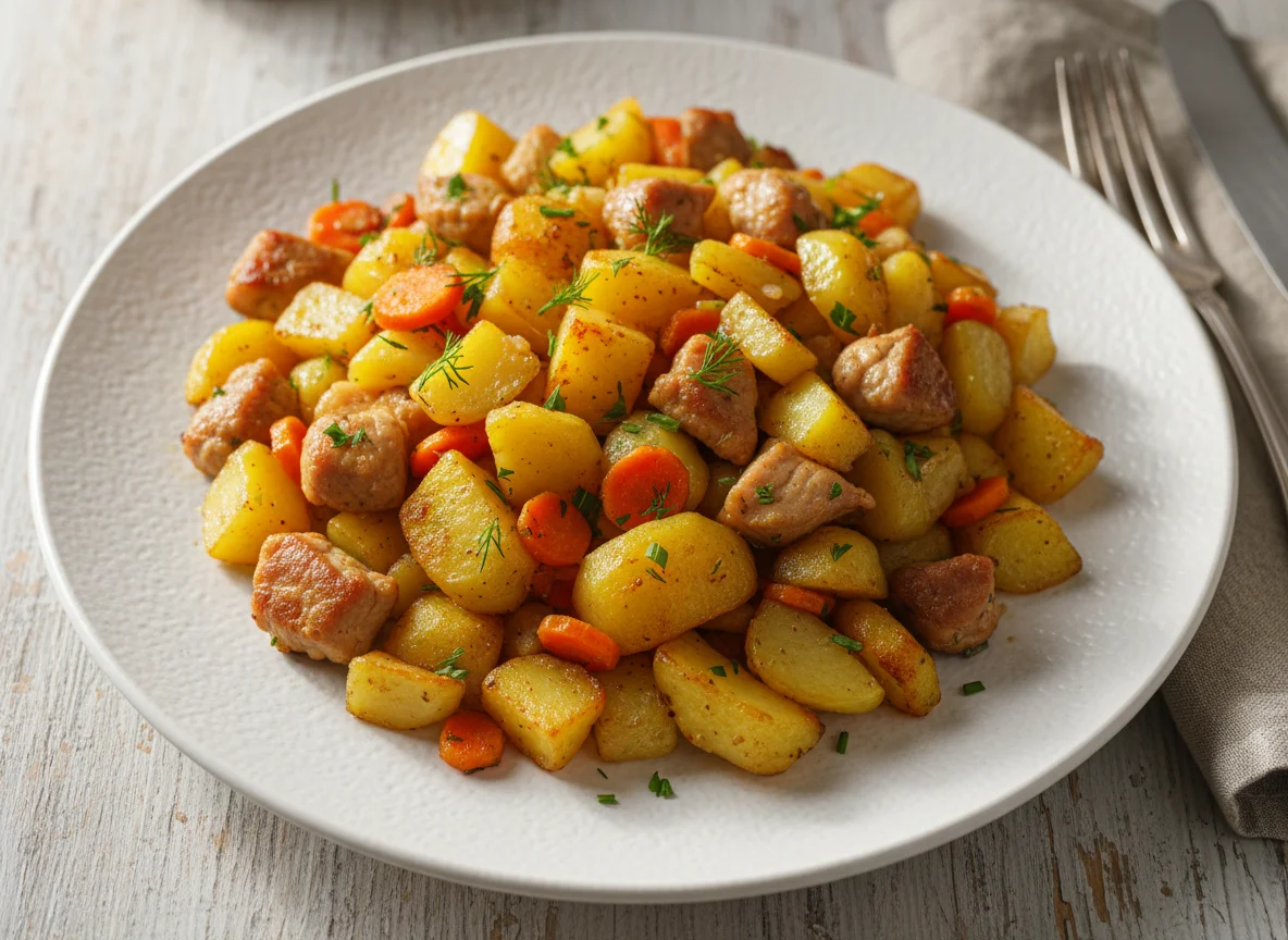 Жареный картофель с мясом и морковью photo