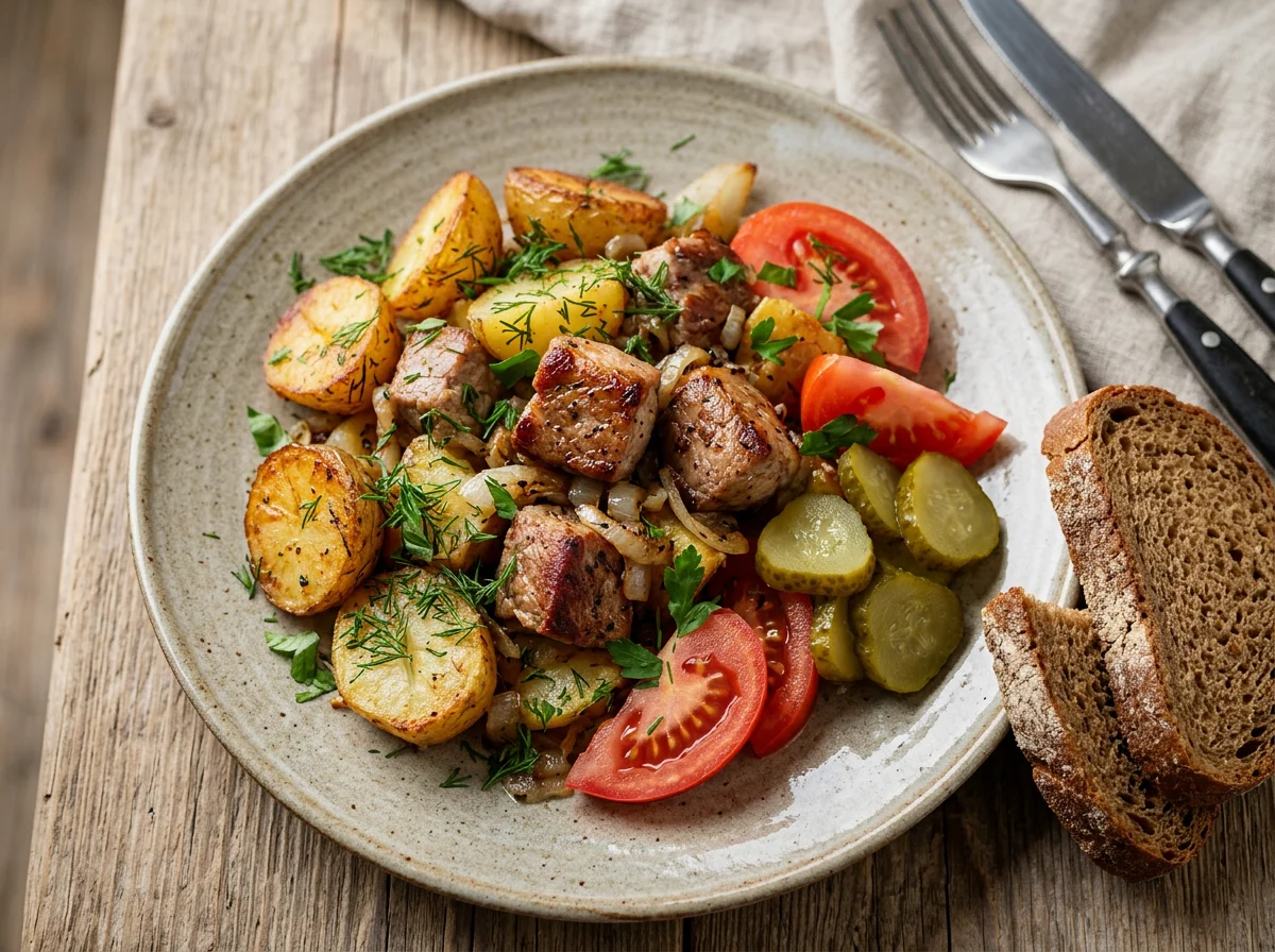 Жареный картофель с мясом и овощами photo