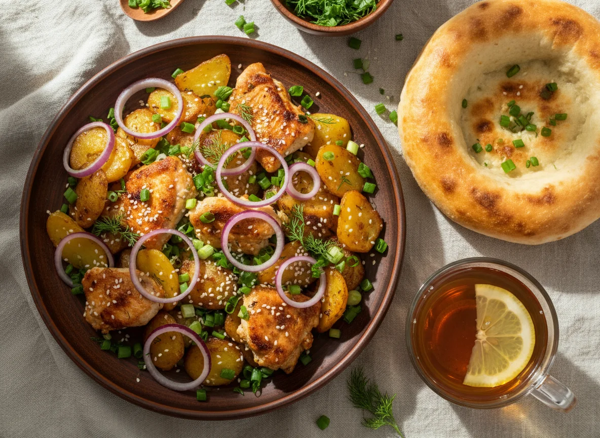Жареный картофель с мясом и овощами, лепешка и чай photo