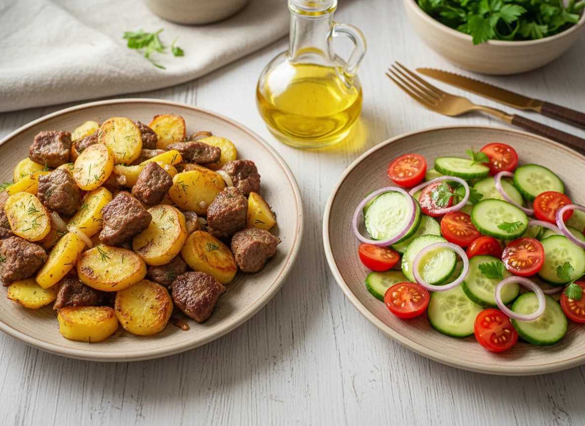 Жареный картофель с мясом и овощной салат photo