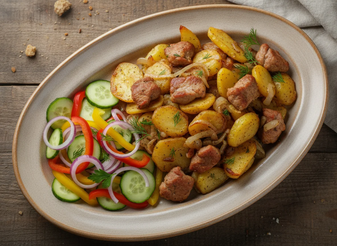 Жареный картофель с мясом и свежими овощами photo