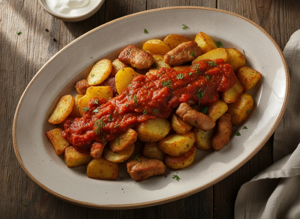 Жареный картофель с мясом и томатным соусом photo