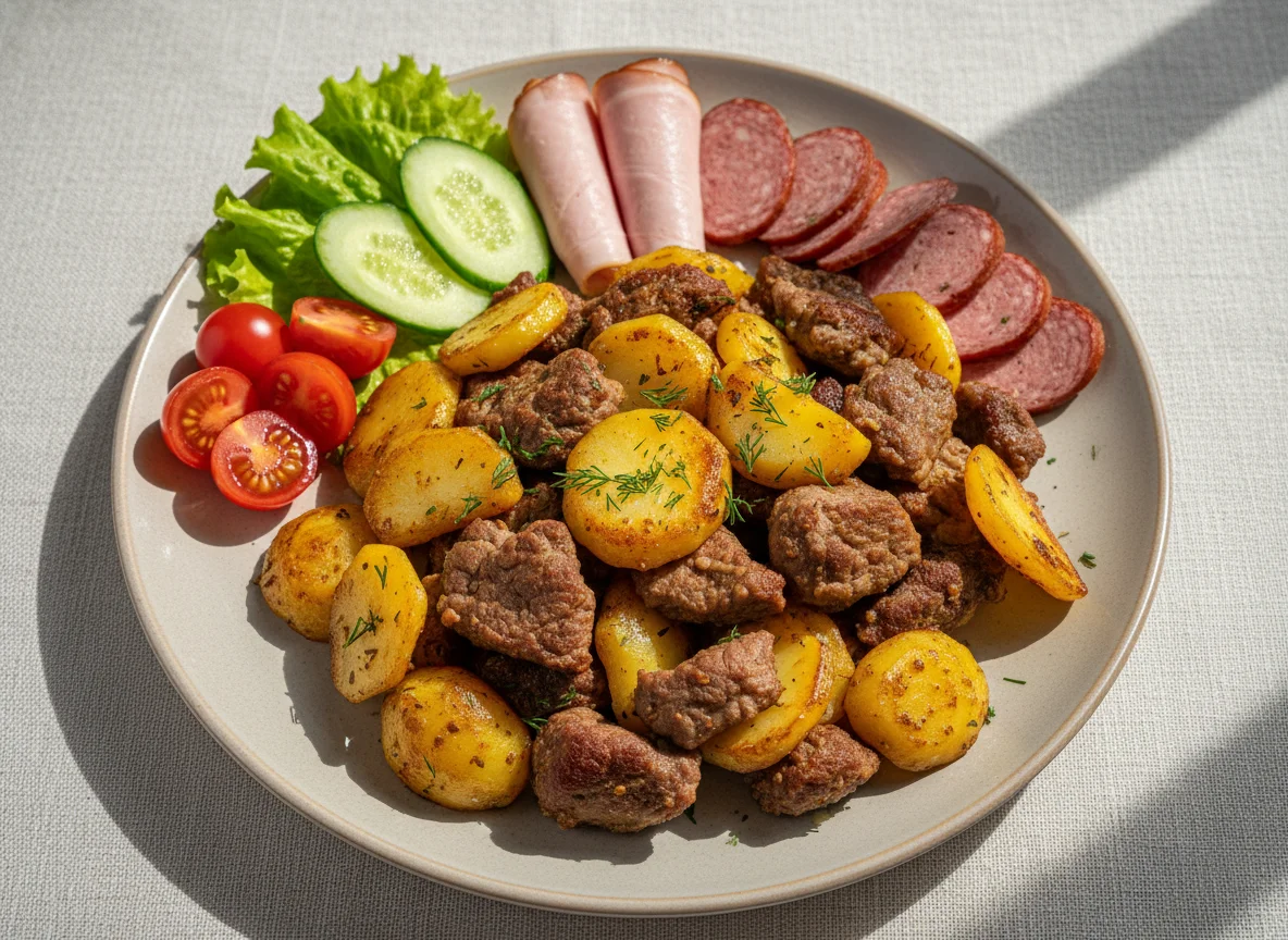 Жареный картофель с мясом и закусками photo