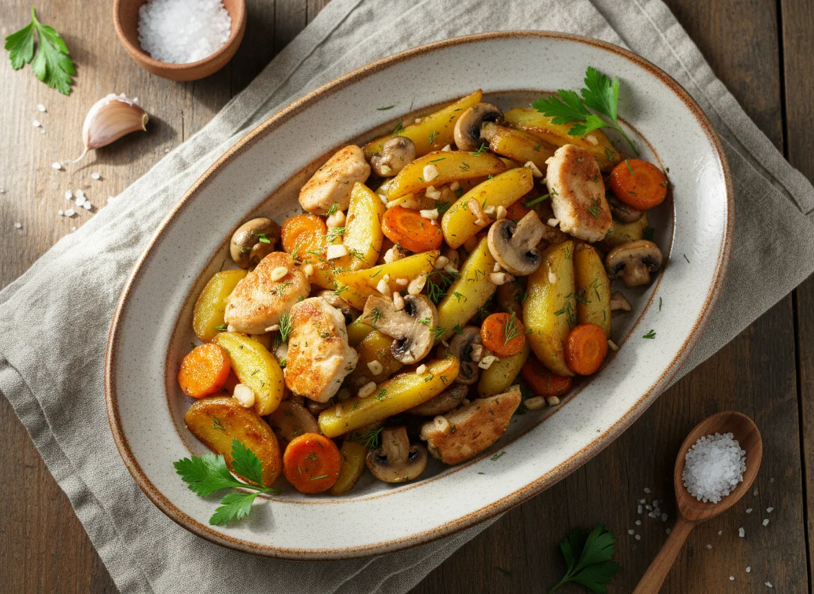 Жареный картофель с морковью, грибами и курицей photo