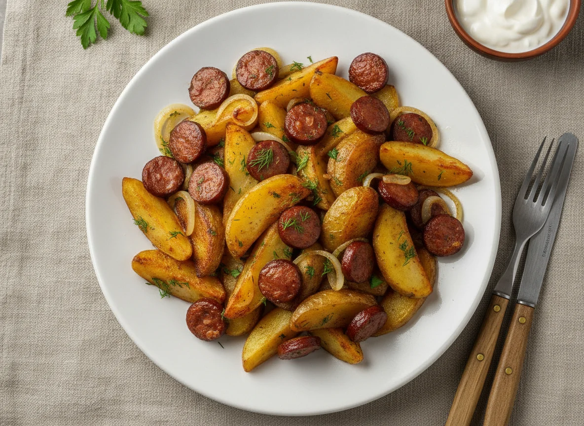 Жареный картофель с охотничьими колбасками photo
