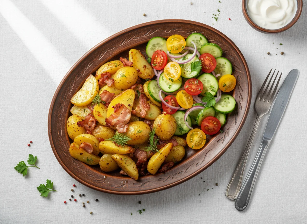 Жареный картофель с овощным салатом photo