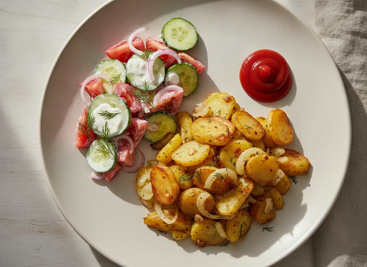 Жареный картофель с салатом и кетчупом photo