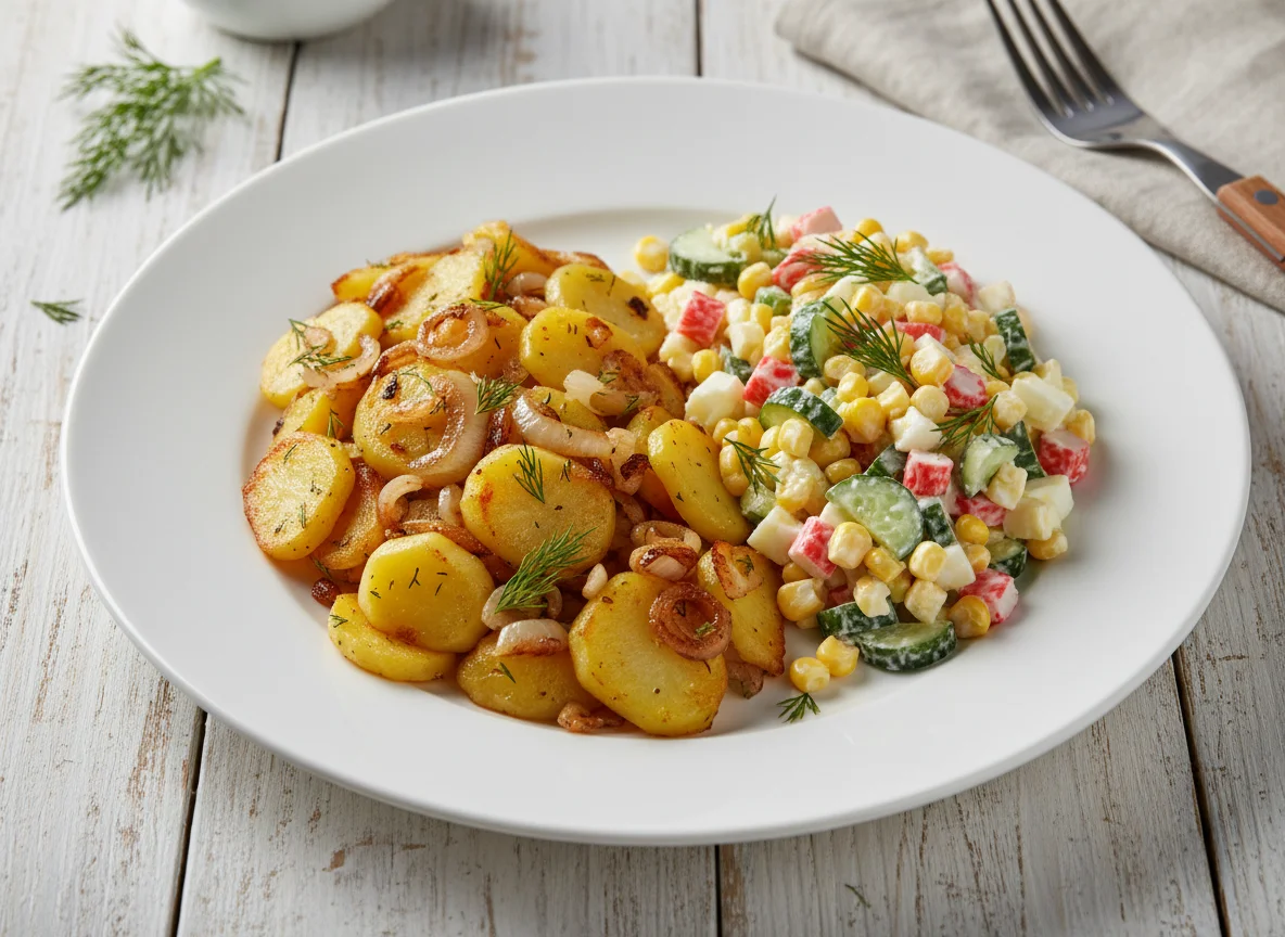 Жареный картофель с салатом из крабовых палочек photo