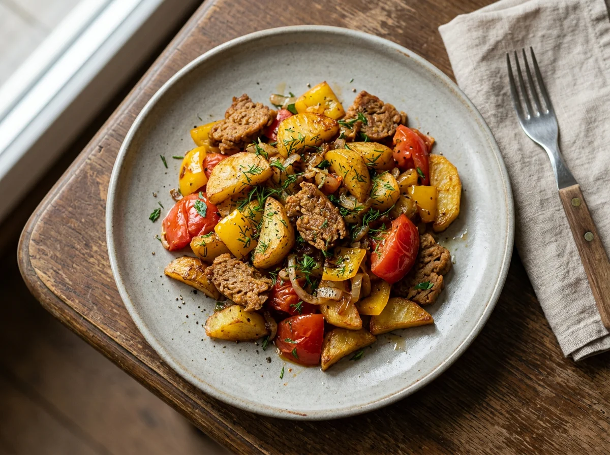 Жареный картофель с сейтаном и овощами photo