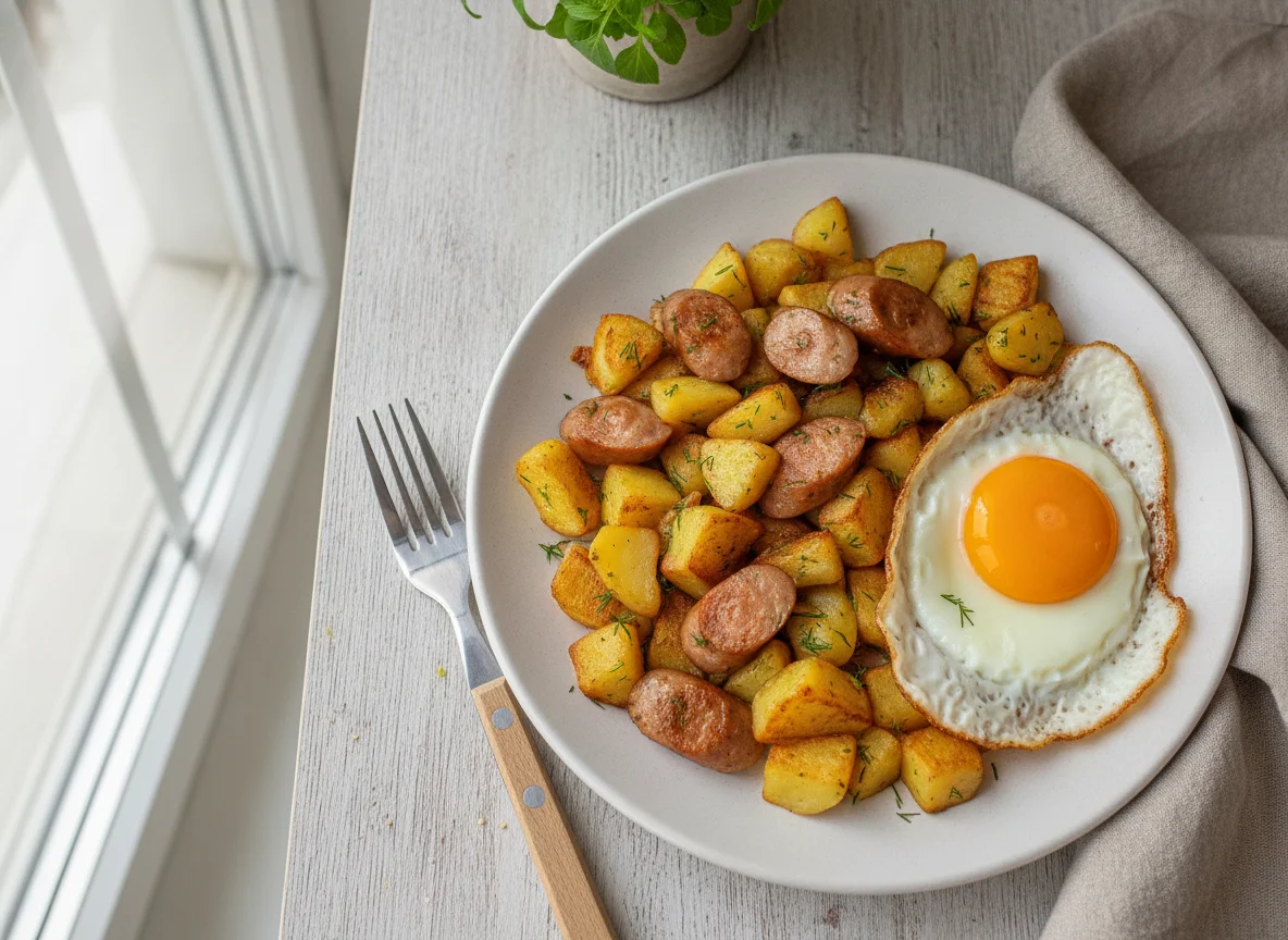 Жареный картофель с сосисками и яйцом photo