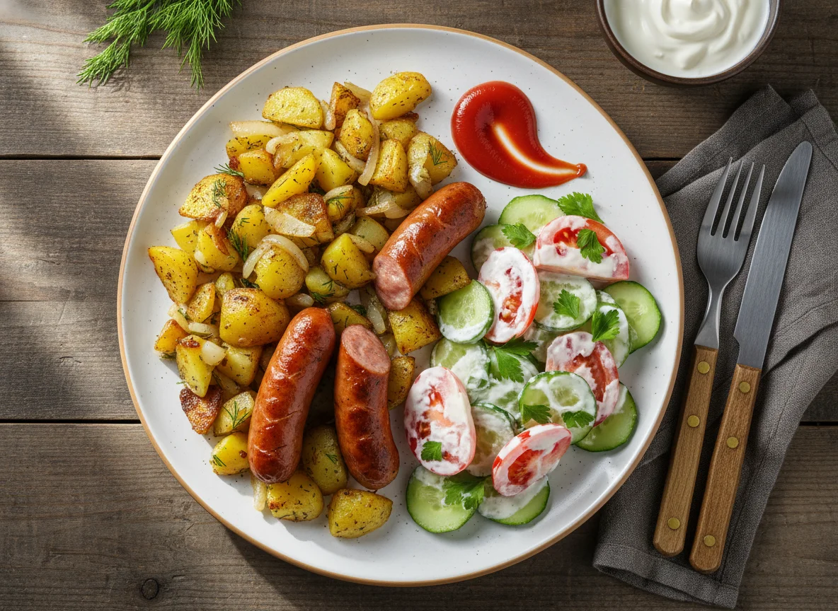 Жареный картофель с сосисками и овощной салат photo