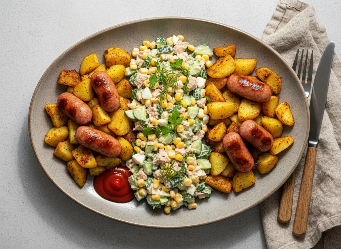 Жареный картофель с сосисками и салат с тунцом photo