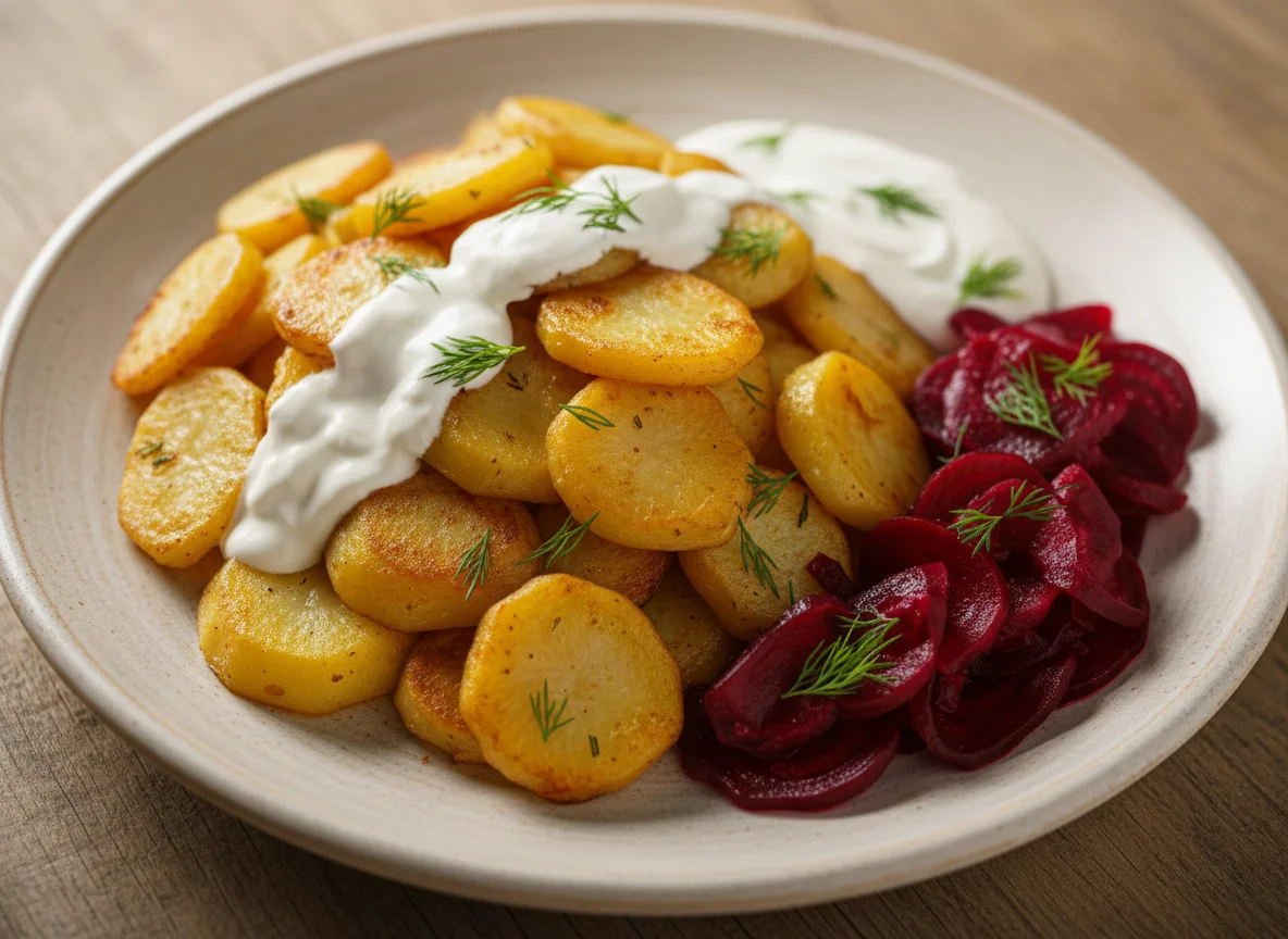 Жареный картофель с соусом и свеклой photo