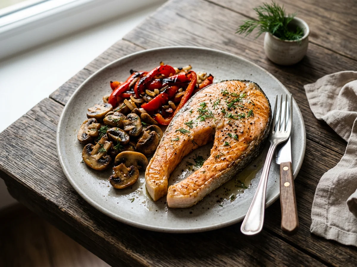 Жареный лосось с грибами и перцем photo
