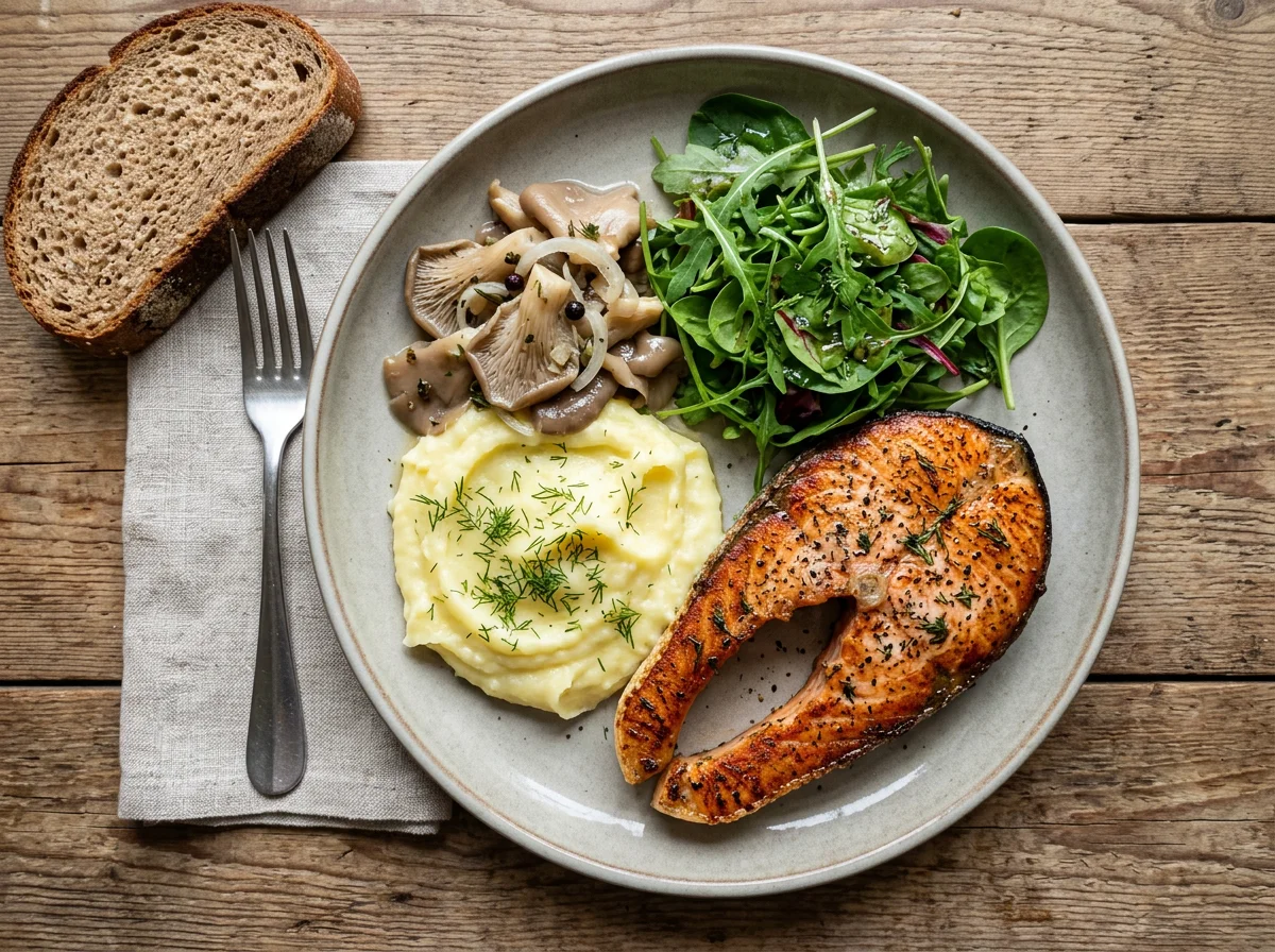 Жареный лосось с пюре, маринованными грибами и салатом photo