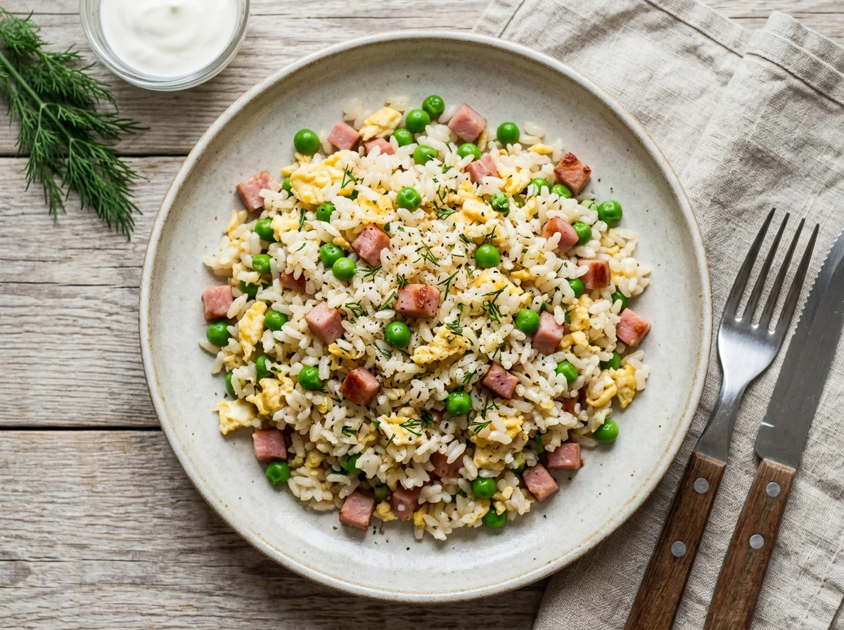 Жареный рис с яйцом, горошком и ветчиной photo