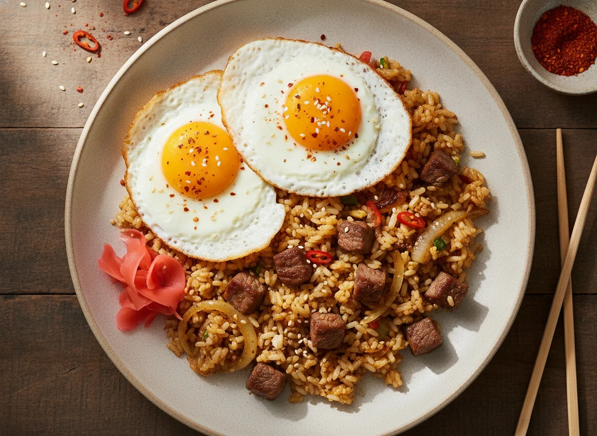 Жареный рис с яйцом и мясом photo