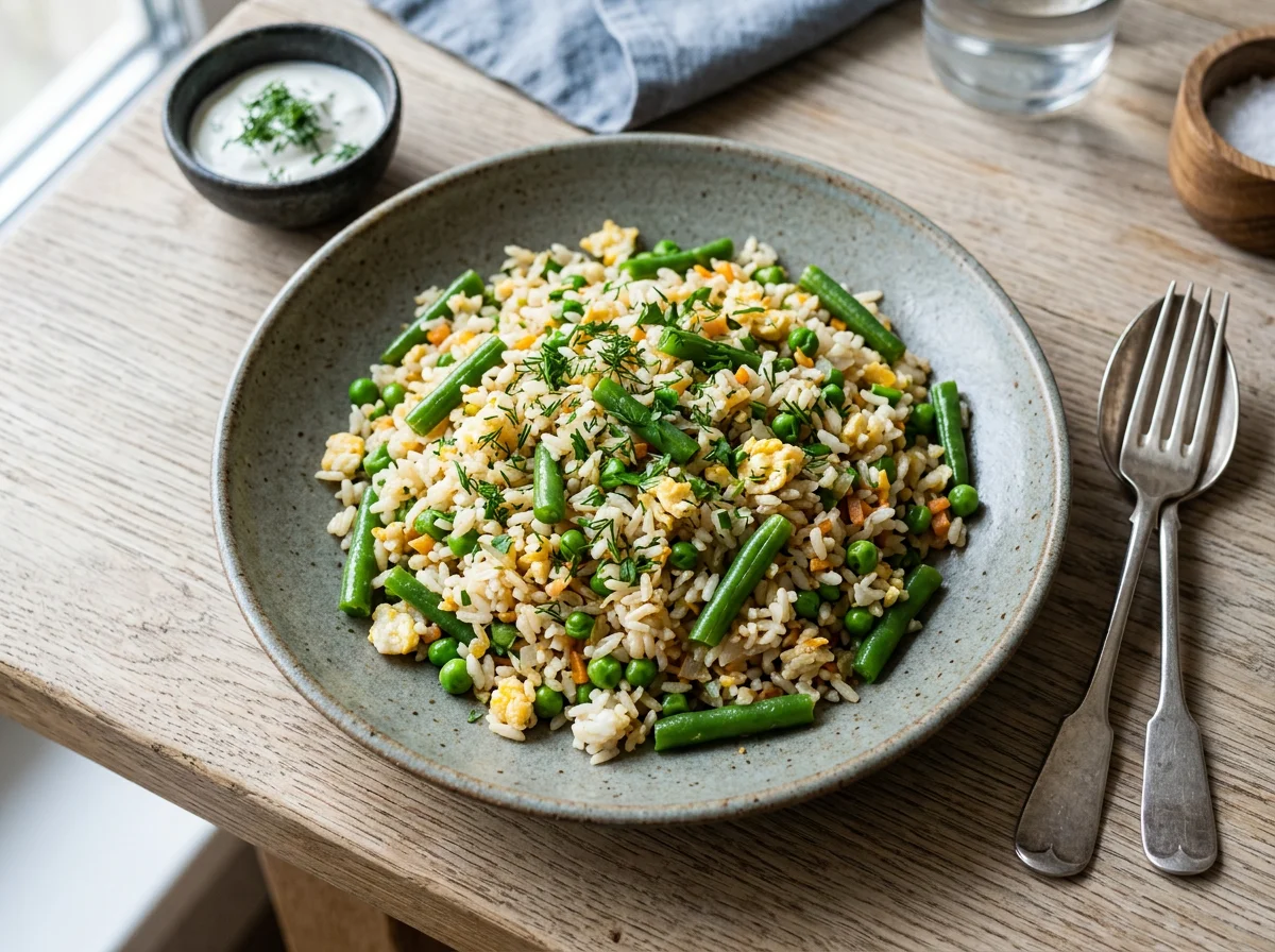 Жареный рис с яйцом и стручковой фасолью photo