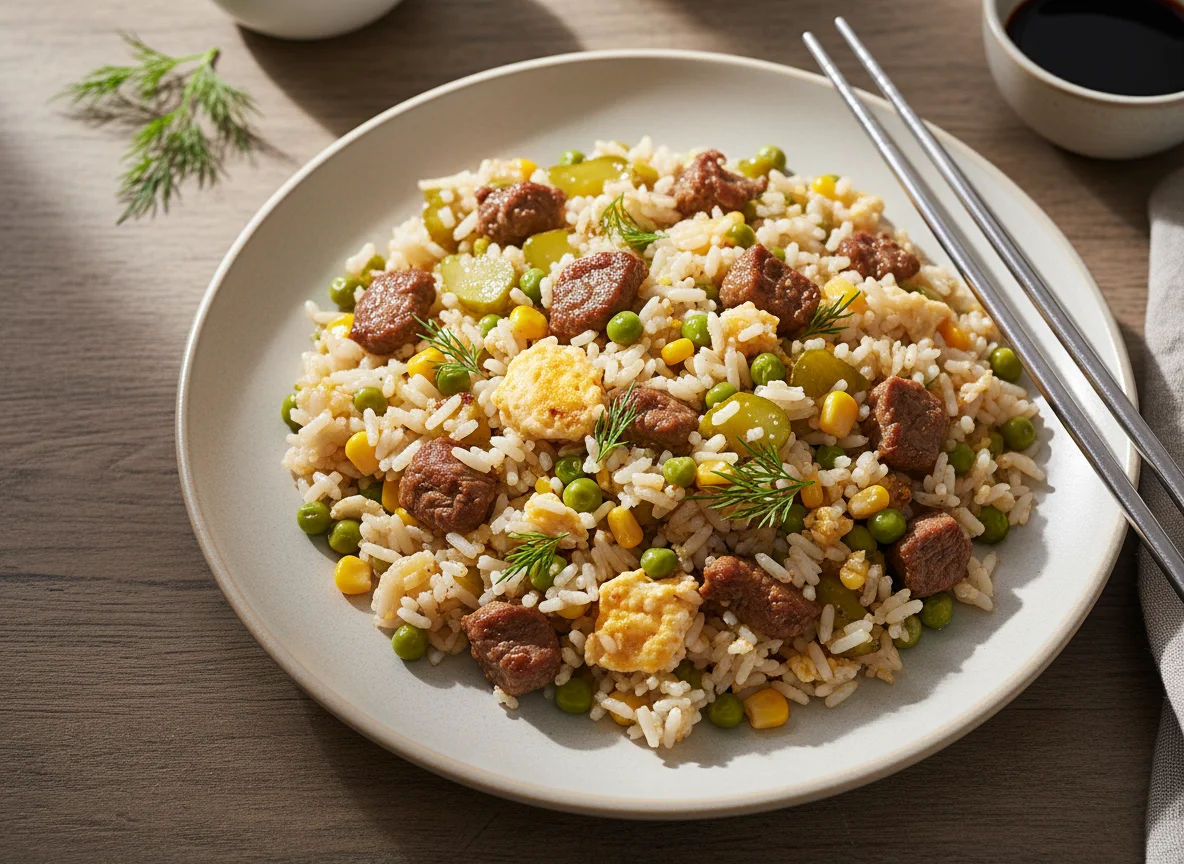 Жареный рис с говядиной, яйцом и овощами photo