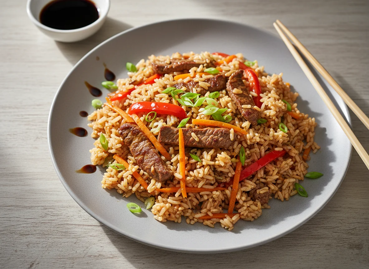 Жареный рис с говядиной и овощами photo