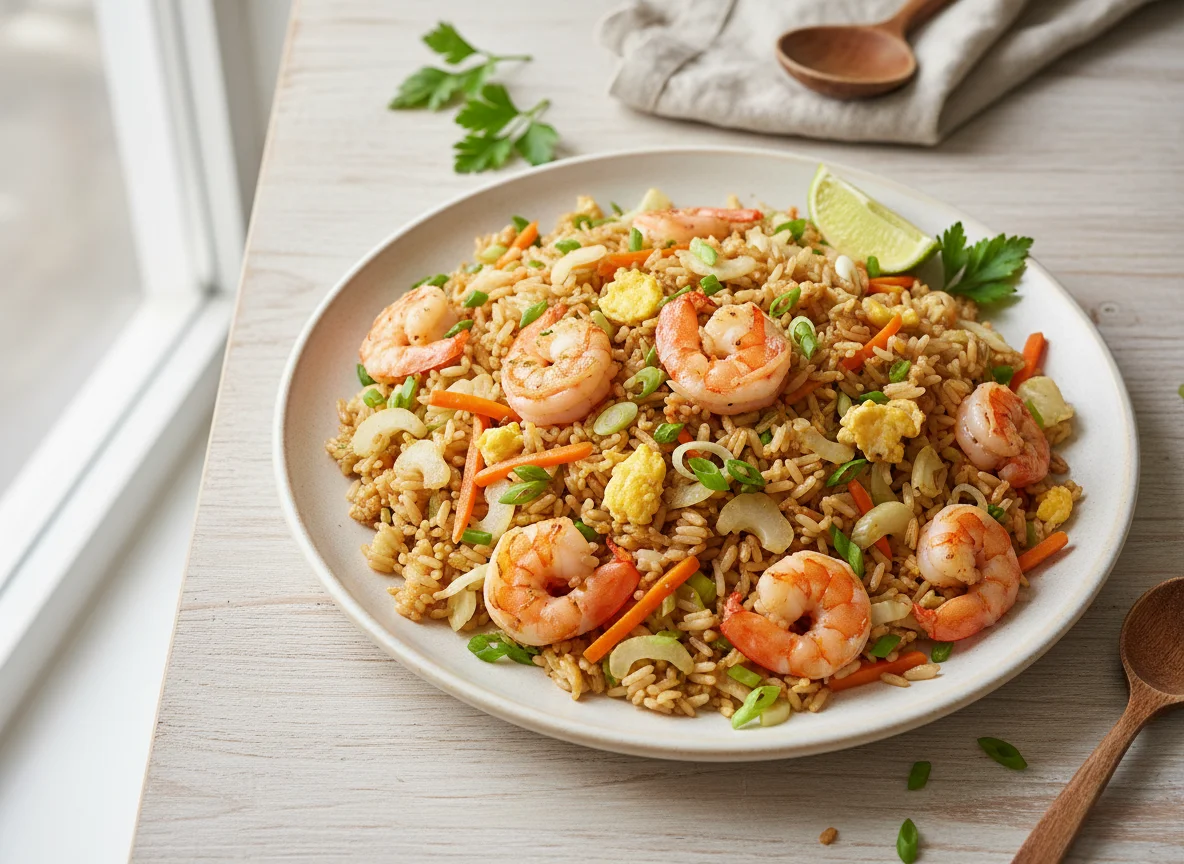 Жареный рис с креветками и овощами photo