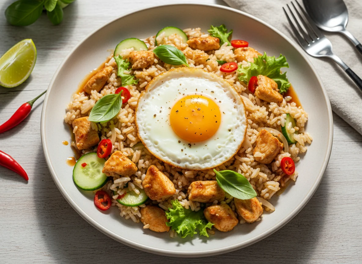 Жареный рис с курицей, базиликом и яйцом photo