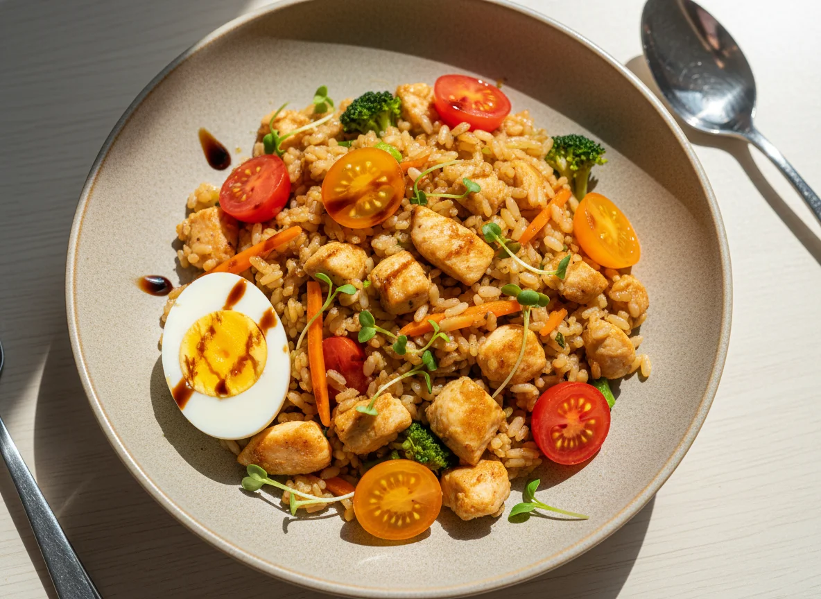 Жареный рис с курицей и яйцом photo