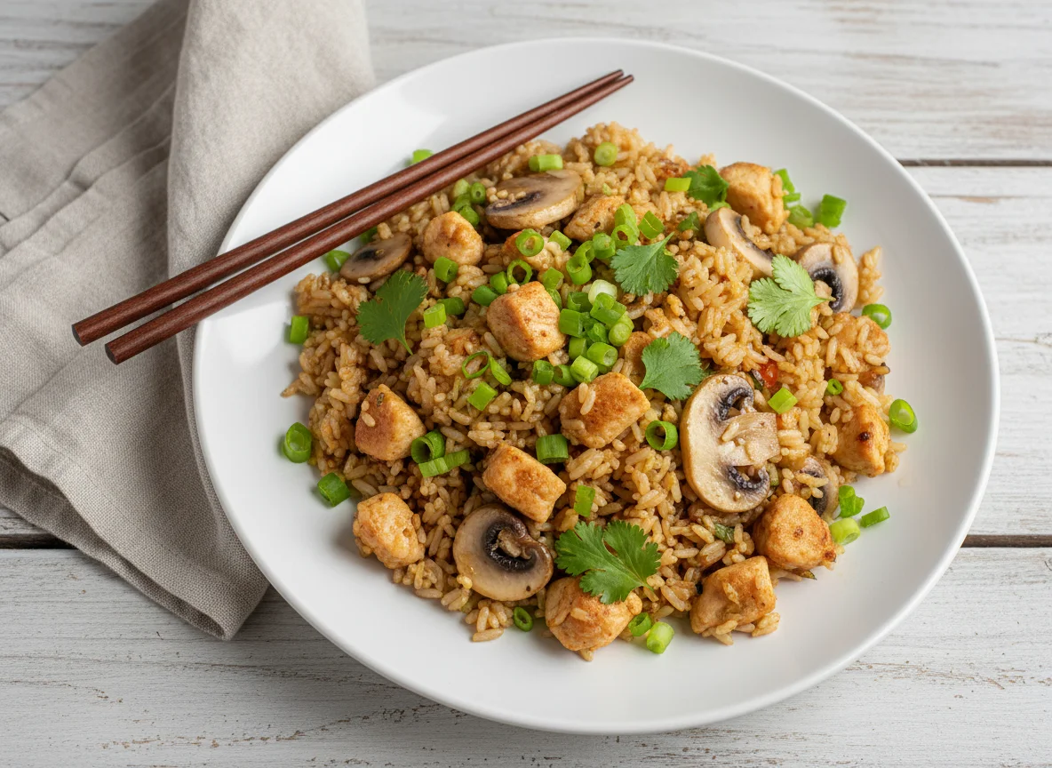 Жареный рис с курицей и грибами photo