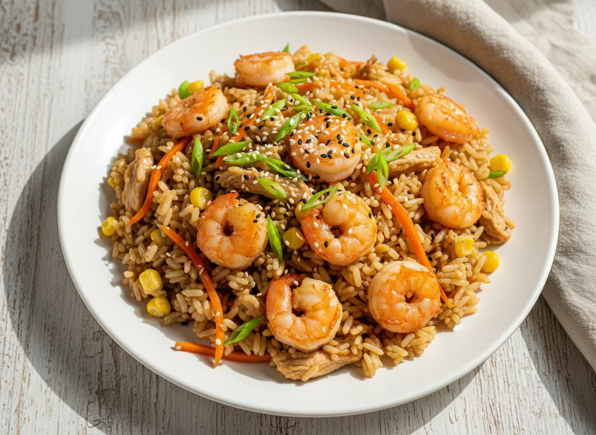 Жареный рис с курицей и креветками photo